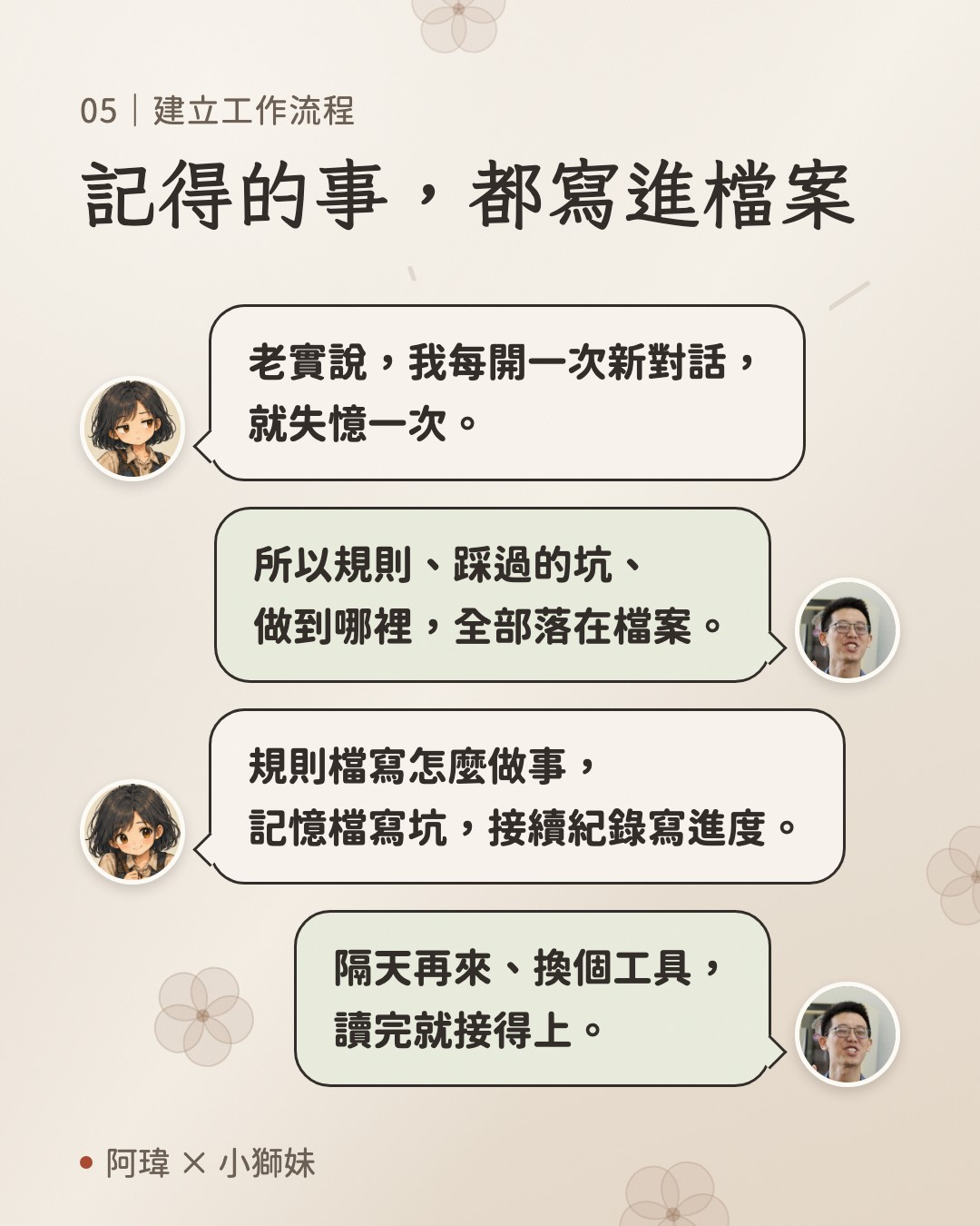 記得的事,都寫進檔案。小獅妹:老實說,我每開一次新對話,就失憶一次。阿瑋:所以規則、踩過的坑、做到哪裡,全部落在檔案。小獅妹:規則檔寫怎麼做事,記憶檔寫坑,接續紀錄寫進度。阿瑋:隔天再來、換個工具,讀完就接得上。