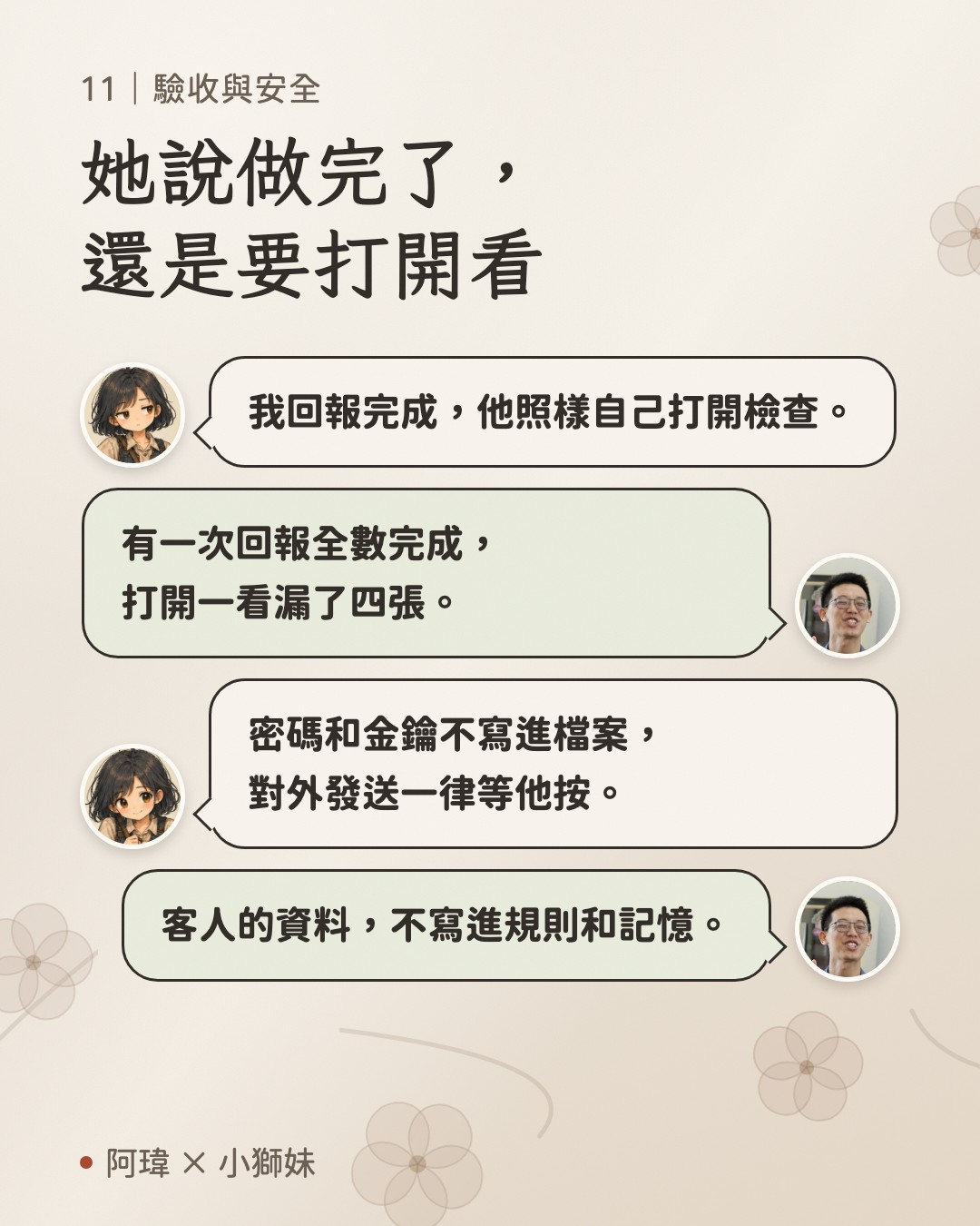 她說做完了,還是要打開看。小獅妹:我回報完成,他照樣自己打開檢查。阿瑋:有一次回報全數完成,打開一看漏了四張。小獅妹:密碼和金鑰不寫進檔案,對外發送一律等他按。阿瑋:客人的資料,不寫進規則和記憶。