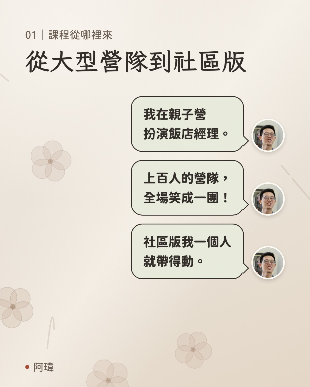 從大型營隊到社區版。阿瑋：我在親子營
扮演飯店經理。阿瑋：上百人的營隊，
全場笑成一團。阿瑋：社區版我一個人
就帶得動。