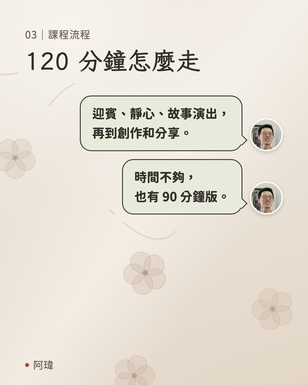 120 分鐘怎麼走。阿瑋：迎賓、靜心、故事演出，
再到創作和分享。阿瑋：時間不夠，
也有 90 分鐘版。