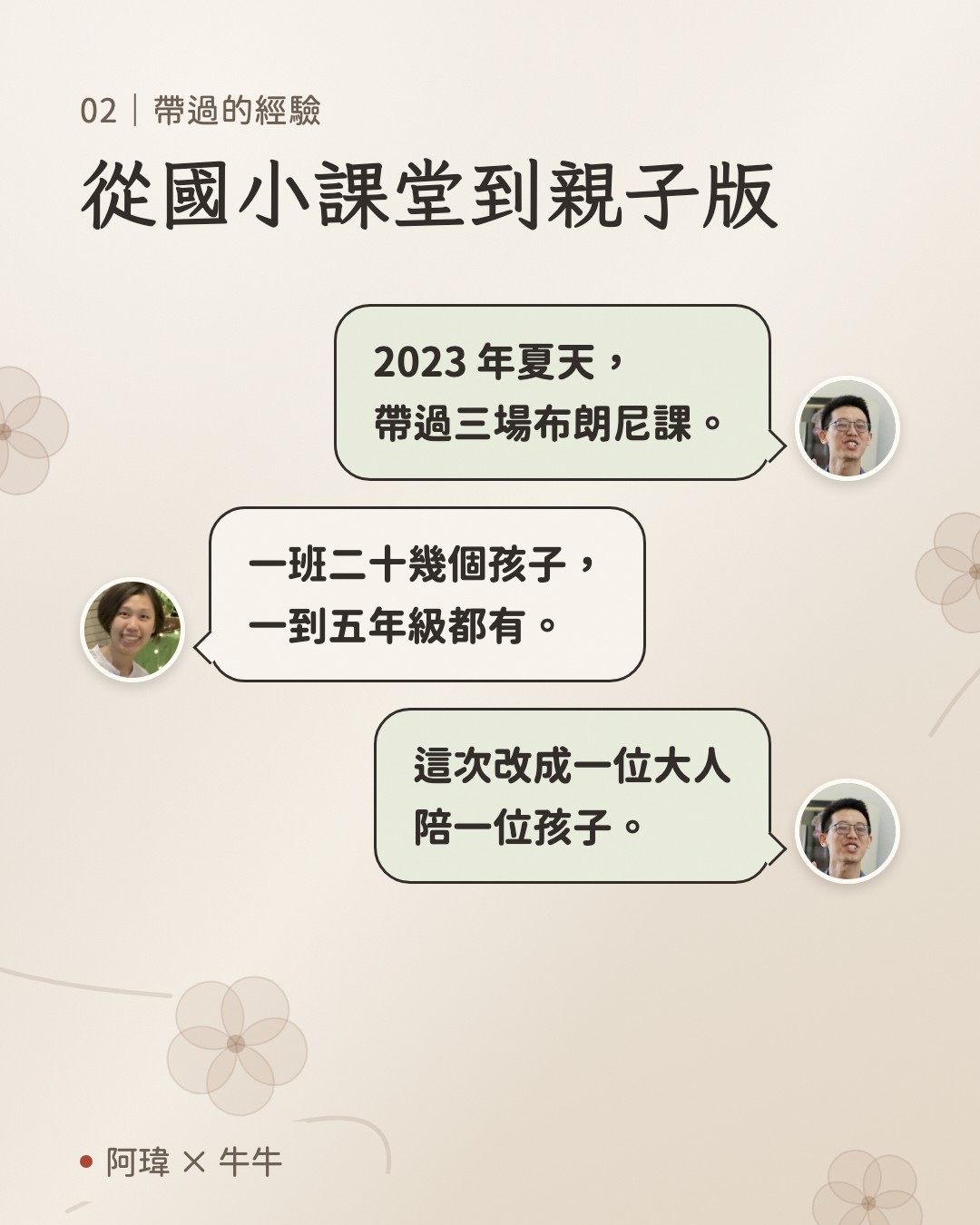 從國小課堂到親子版。阿瑋:2023 年夏天,
帶過三場布朗尼課。牛牛:一班二十幾個孩子,
一到五年級都有。阿瑋:這次改成一位大人
陪一位孩子。