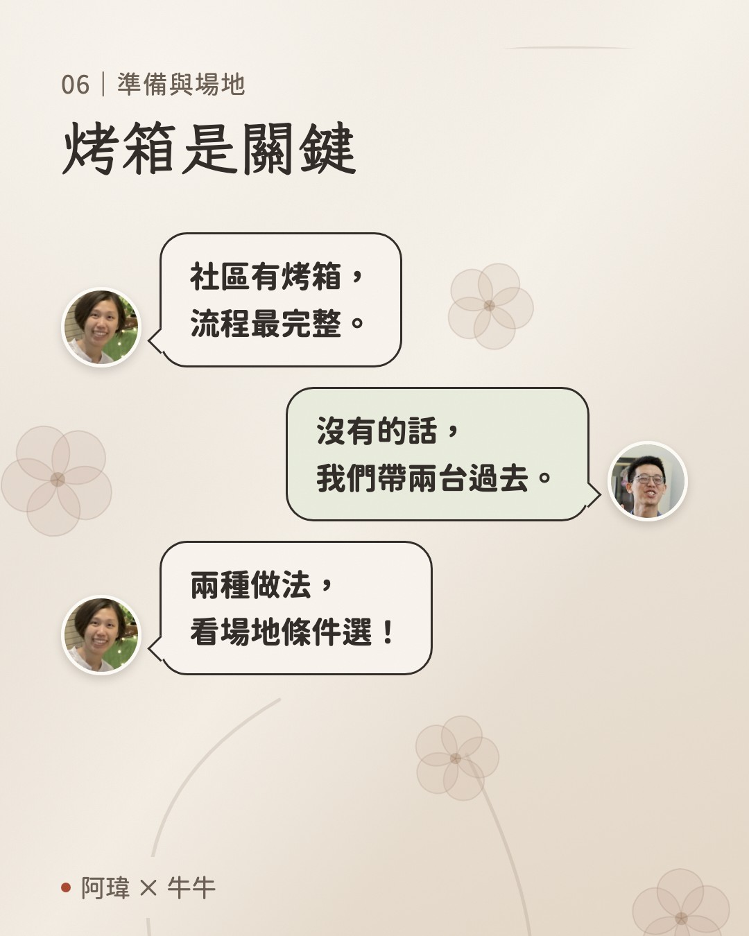 烤箱是關鍵。牛牛:社區有烤箱,
流程最完整。阿瑋:沒有的話,
我們帶兩台過去。牛牛:兩種做法,
看場地條件選。