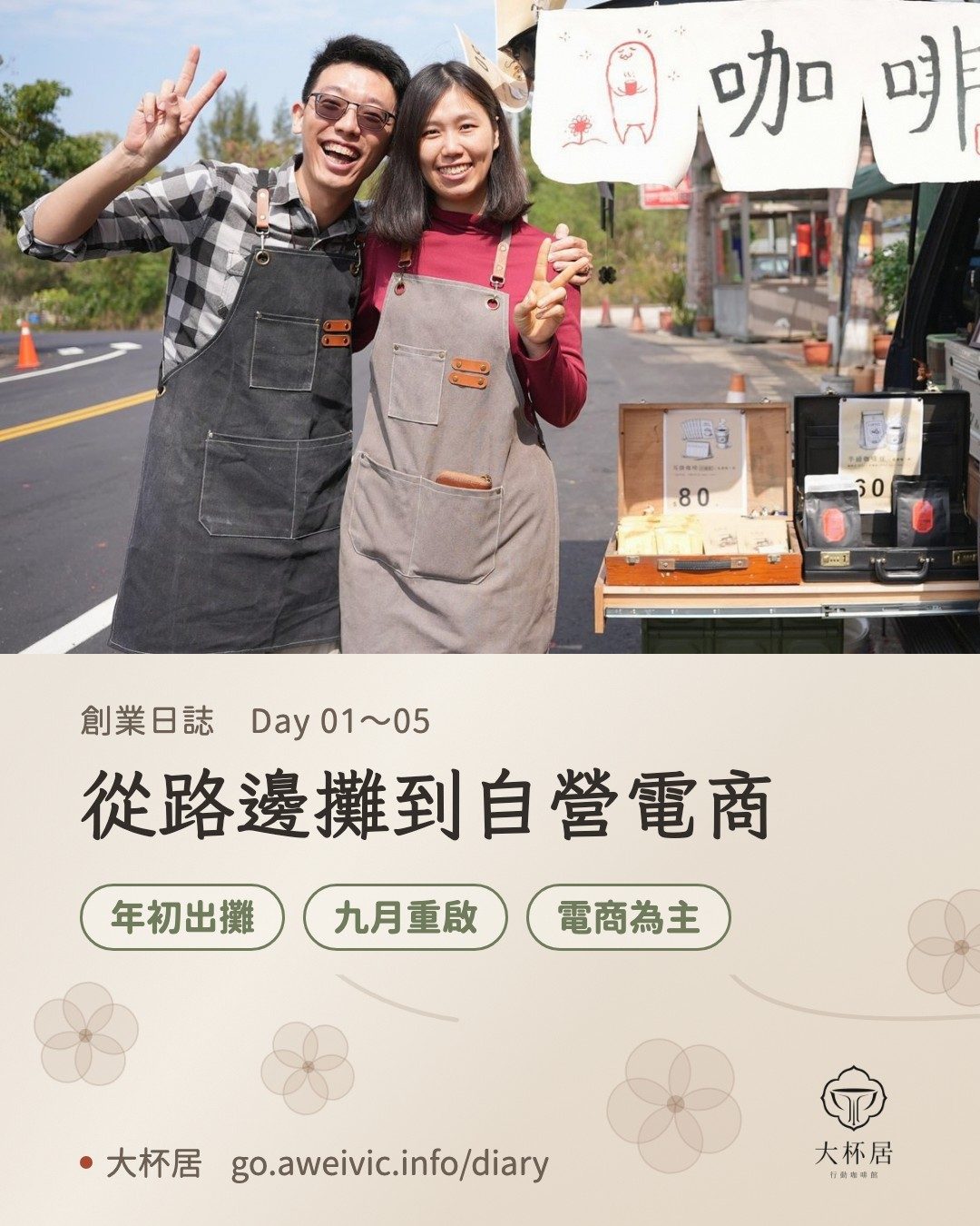 從路邊攤到自營電商：阿瑋和太太在小獅妹車尾的合照