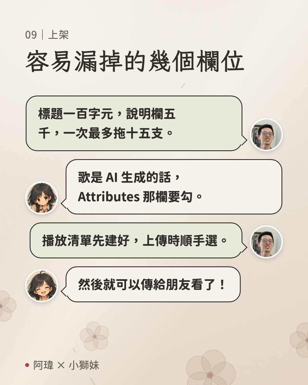 容易漏掉的幾個欄位。阿瑋:標題一百字元,說明欄五千,一次最多拖十五支。小獅妹:歌是 AI 生成的話,Attributes 那欄要勾。阿瑋:播放清單先建好,上傳時順手選。小獅妹:然後就可以傳給朋友看了。