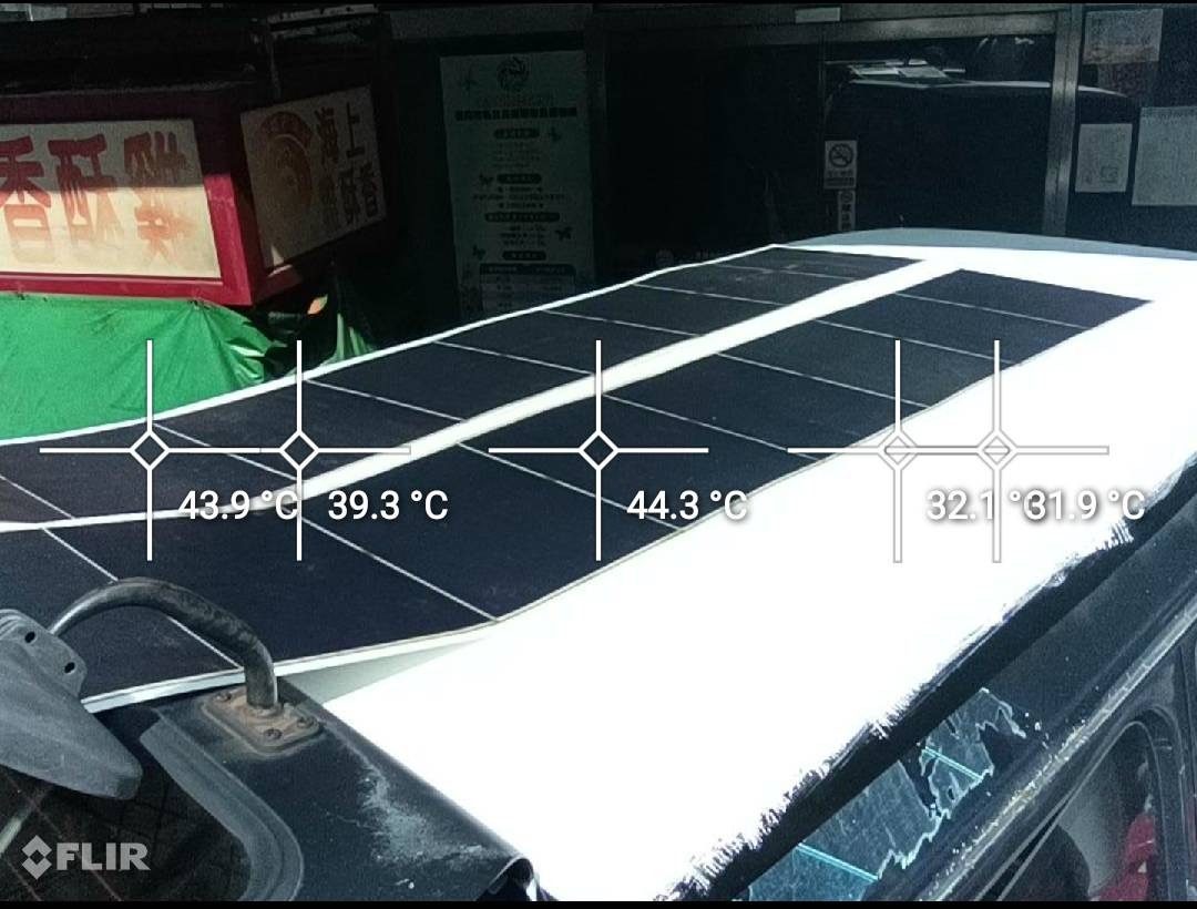 熱像儀量車頂：白漆處約 32°C，太陽能板面 39 到 44°C。