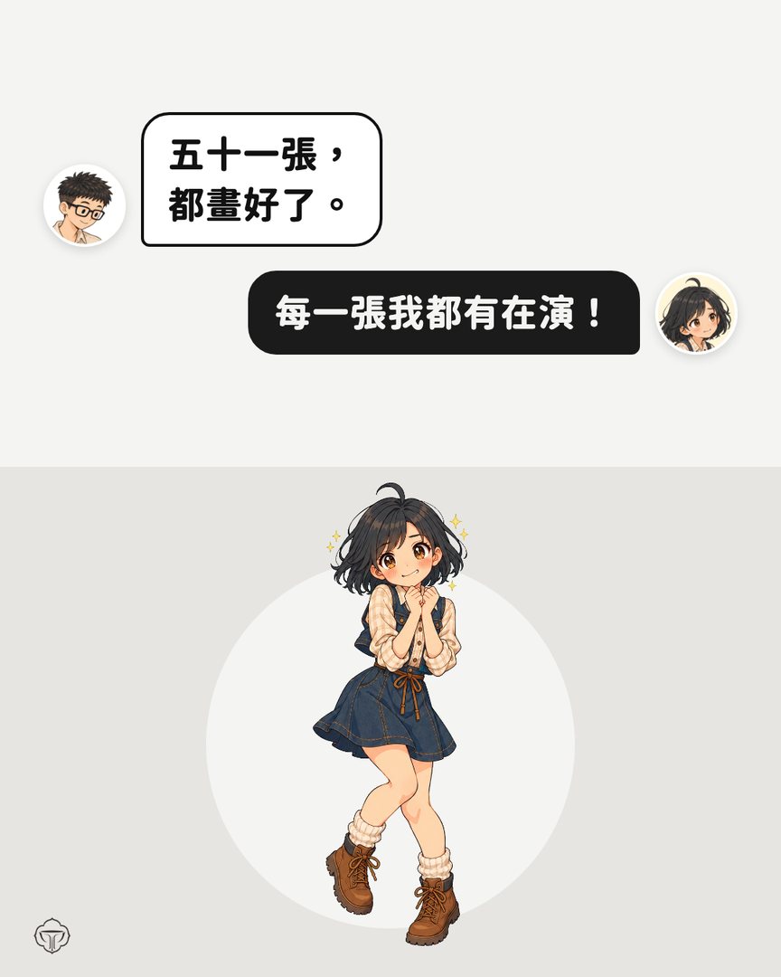 對話圖卡。阿瑋：五十一張，都畫好了。小獅妹：每一張我都有在演！
