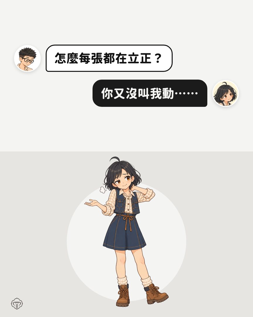 對話圖卡。阿瑋：怎麼每張都在立正？小獅妹：你又沒叫我動……
