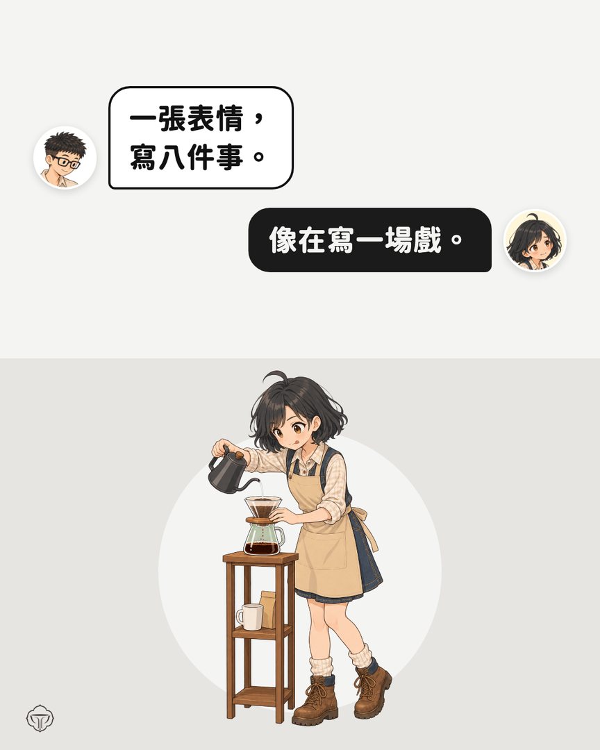 對話圖卡。阿瑋：一張表情，寫八件事。小獅妹：像在寫一場戲。