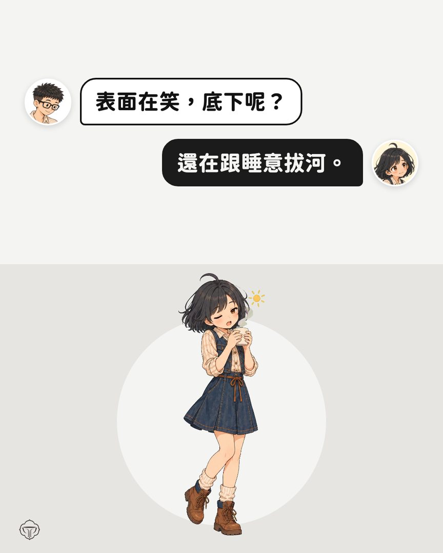 對話圖卡。阿瑋：表面在笑，底下呢？小獅妹：還在跟睡意拔河。