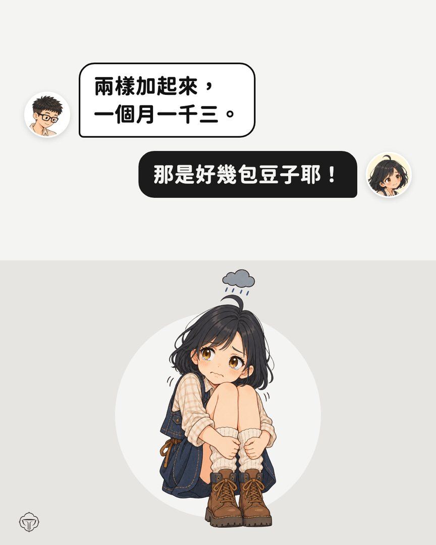 對話圖卡。阿瑋：兩樣加起來，一個月一千三。小獅妹：那是好幾包豆子耶！