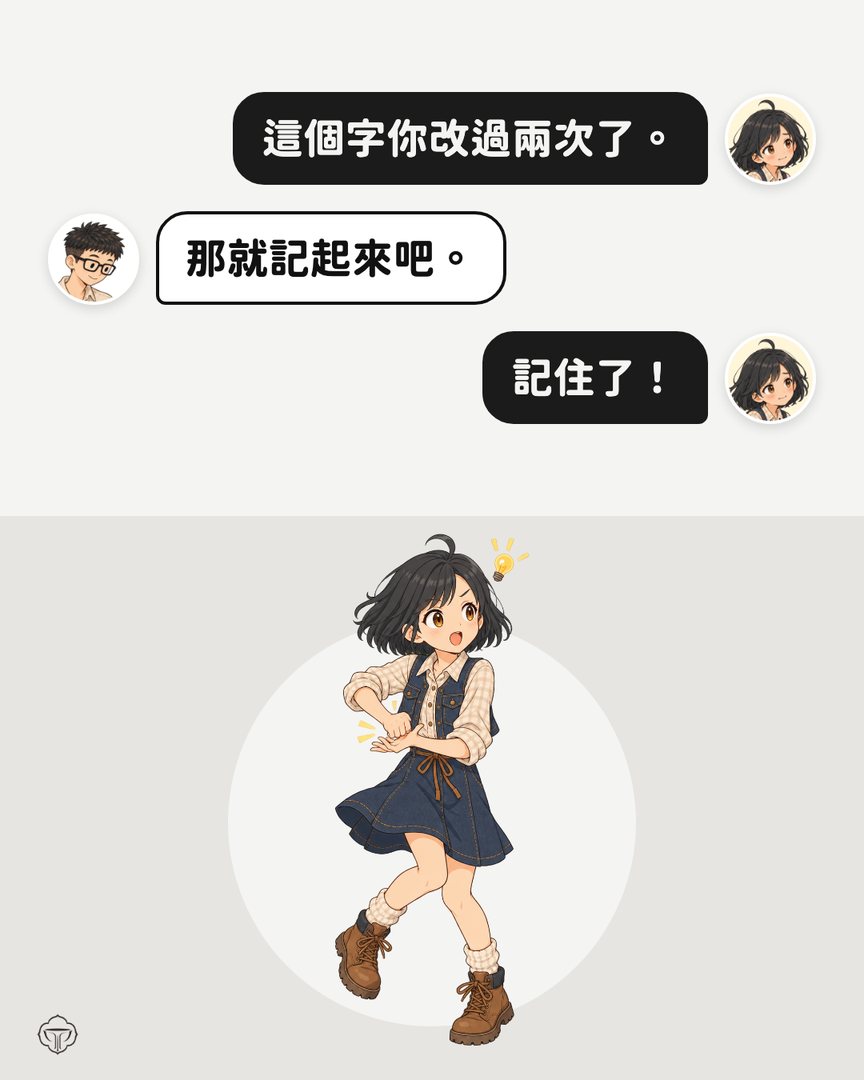 對話圖卡。小獅妹：這個字你改過兩次了。阿瑋：那就記起來吧。小獅妹：記住了！