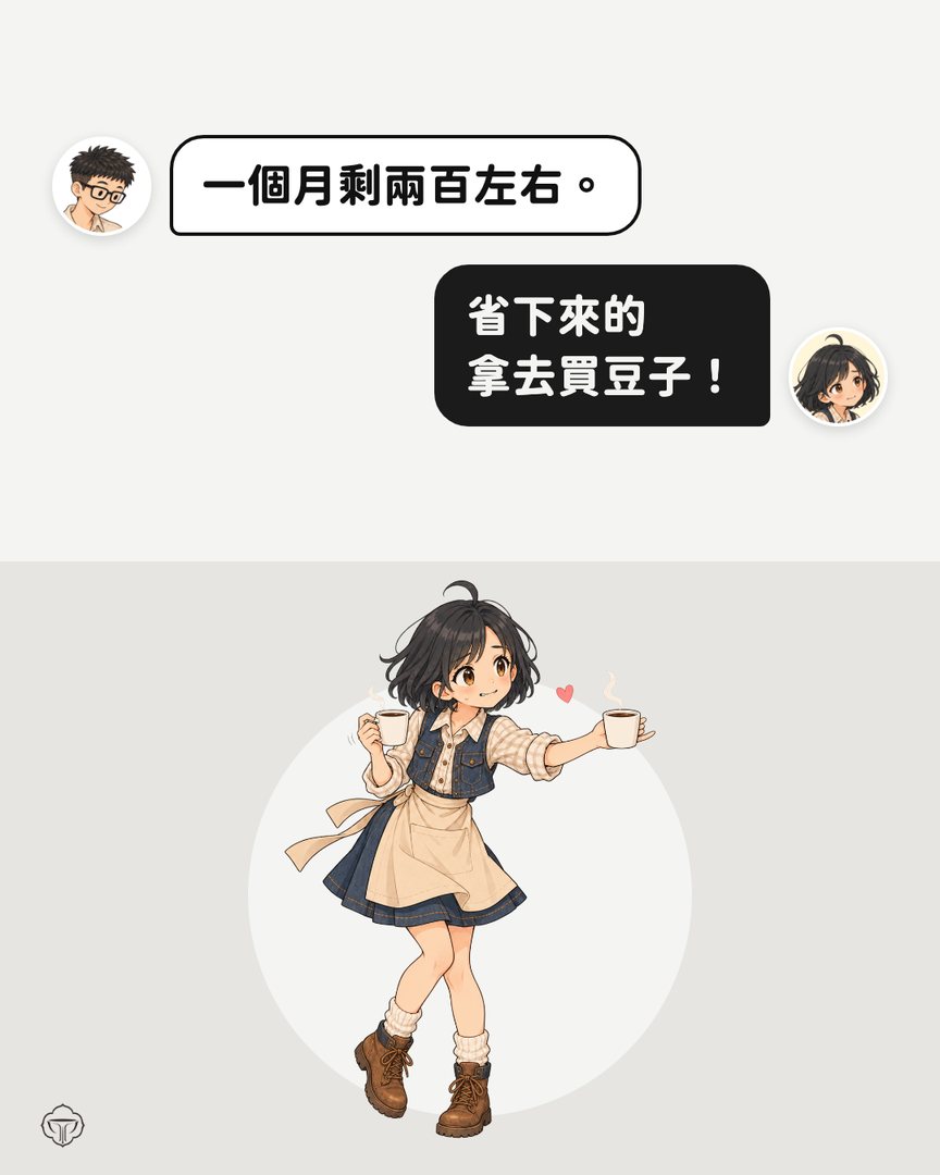 對話圖卡。阿瑋：一個月剩兩百左右。小獅妹：省下來的拿去買豆子！