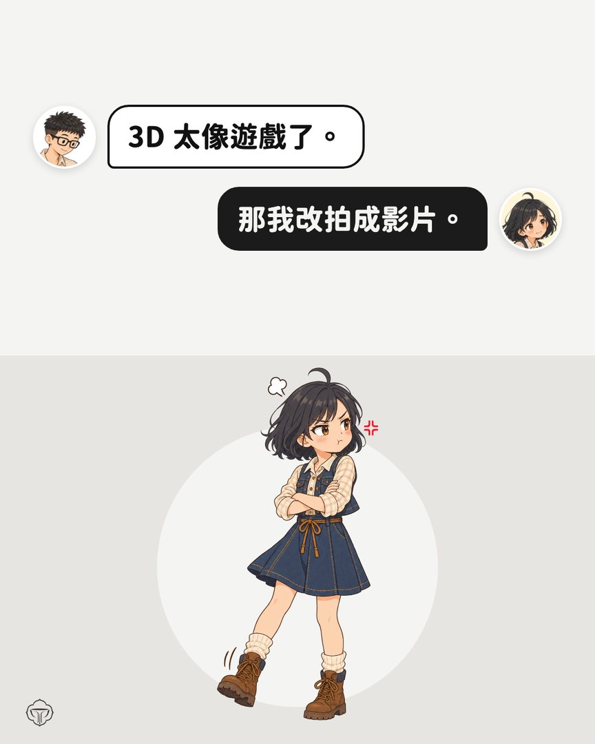 對話圖卡。阿瑋：3D 太像遊戲了。小獅妹：那我改拍成影片。