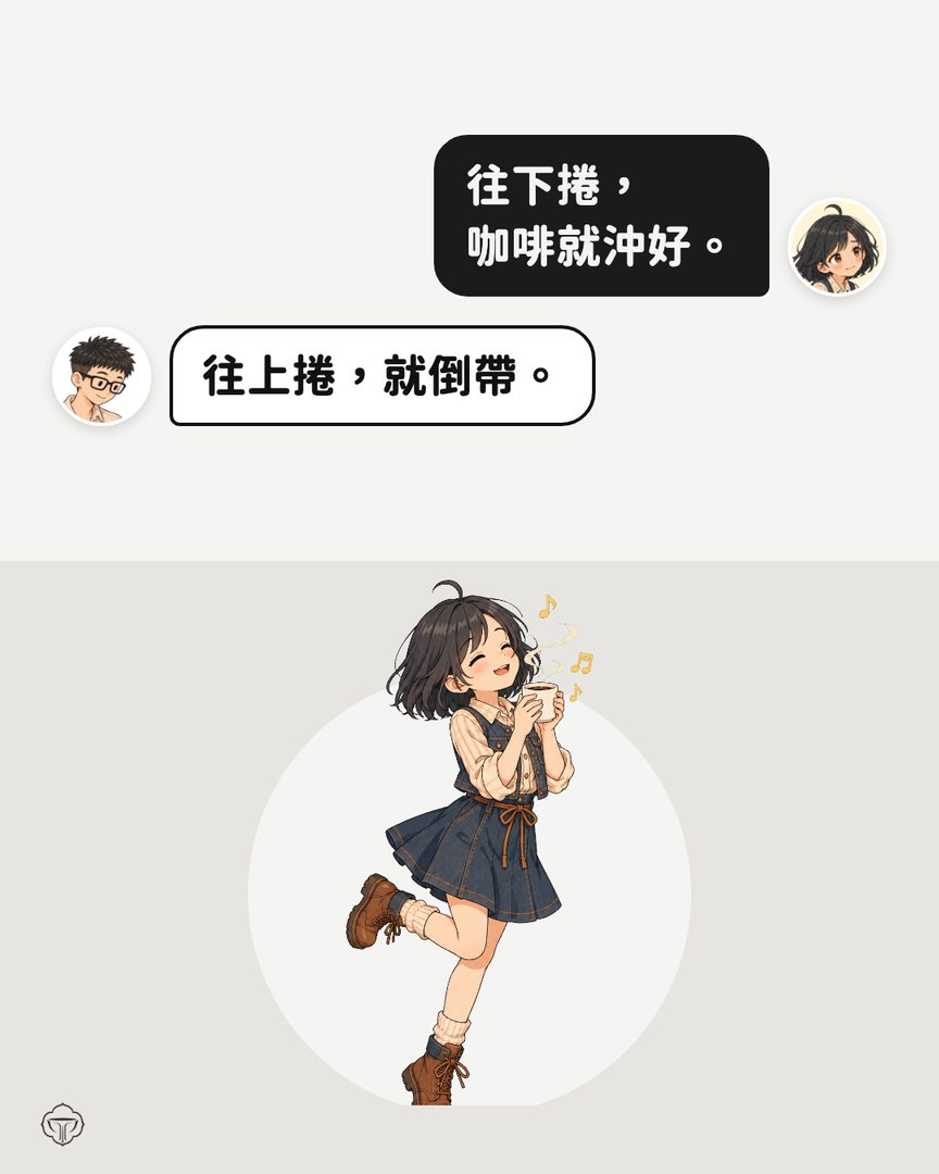 對話圖卡。小獅妹：往下捲，咖啡就沖好。阿瑋：往上捲，就倒帶。