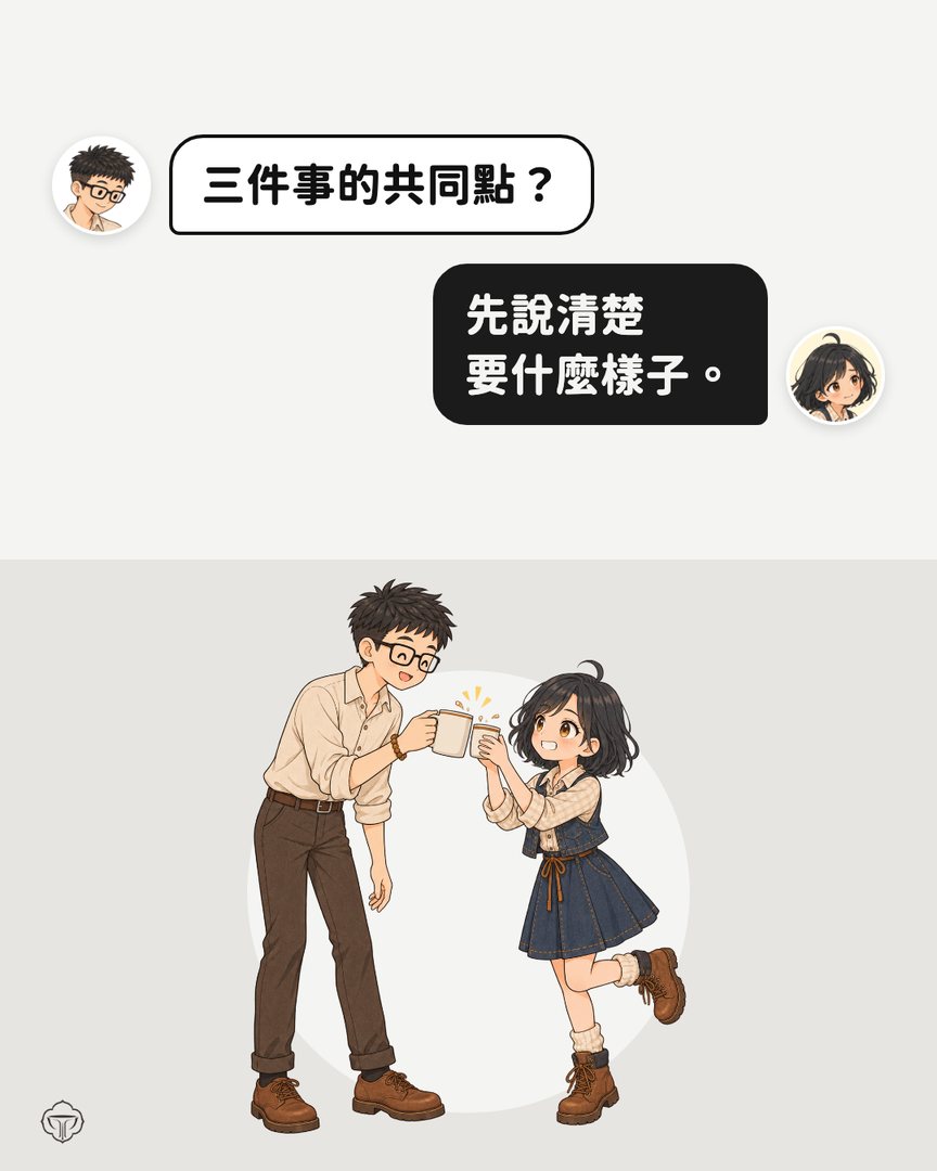 對話圖卡。阿瑋：三件事的共同點？小獅妹：先說清楚要什麼樣子。